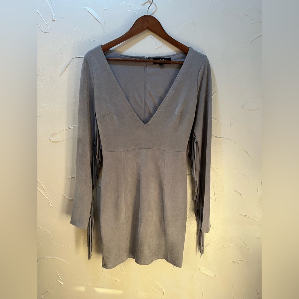 Lulu's Light Gray Fringe V-Neck Suede Mini Dress - Picture 6 of 16